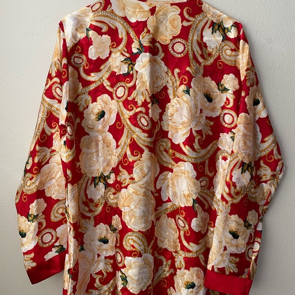 Red & White Roses Silky Robe Blouse VINTAGE - Picture 5 of 9